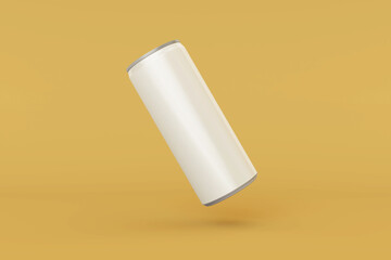 Realistic long metal drink can mockup leaning right in top view
