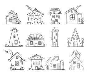 Hand drawn houses vector set. Cute rural buildings isolated on white. Doodle collection