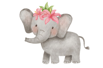 Cute elephant with tropical flowers in cartoon style. Drawing african baby animal isolated on white background. Jungle animal character