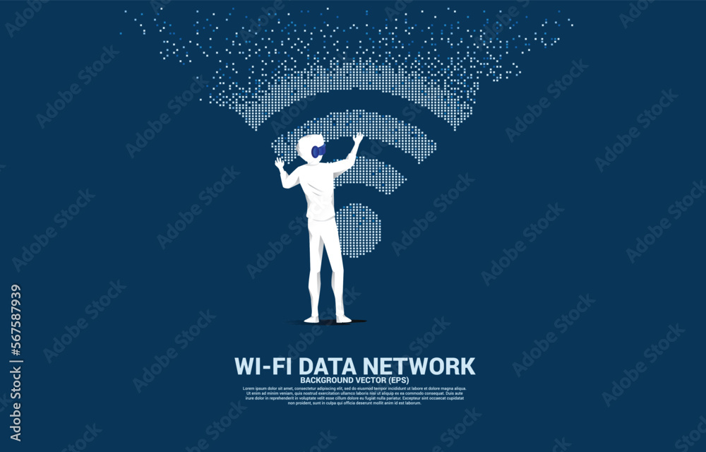 Aufkleber Silhouette businessman wear VR glasses with wi-fi mobile data icon with pixel transformation. Concept for data transfer of mobile and wi-fi data network.