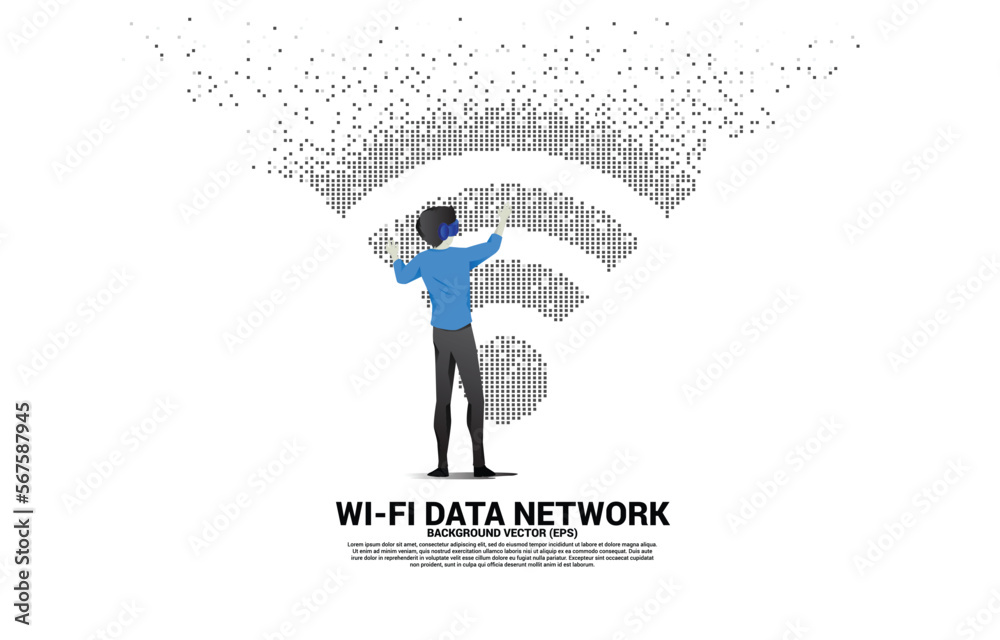 Poster Silhouette businessman wear VR glasses with wi-fi mobile data icon with one and zero binary code matrix. Concept for data transfer of mobile and wi-fi data network.