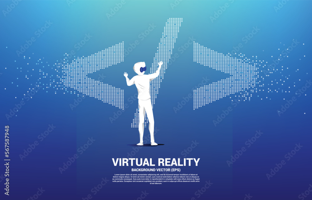 Aufkleber Silhouette man wear VR glasses software development programming tag with pixel style. Concept of digital virtual reality technology and AR .