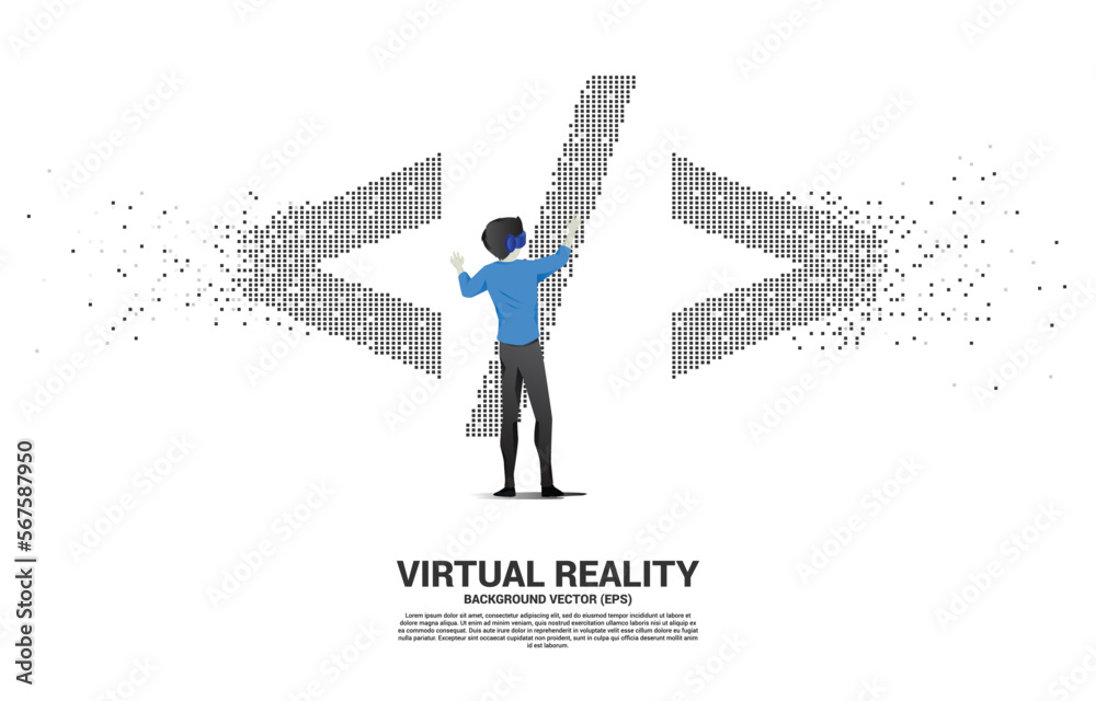 Poster silhouette man wear vr glasses software development programming tag with pixel style. concept of dig