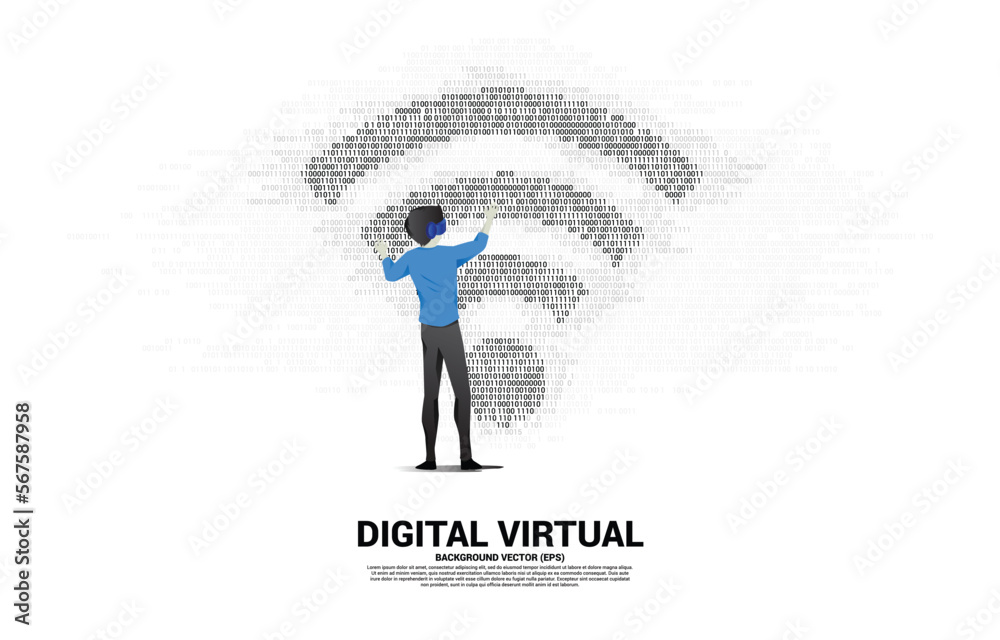 Poster Silhouette businessman wear VR glasses with wi-fi mobile data icon with one and zero binary code matrix. Concept for data transfer of mobile and wi-fi data network.