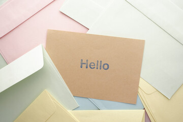 close up of hello text in blue color on a envelope 