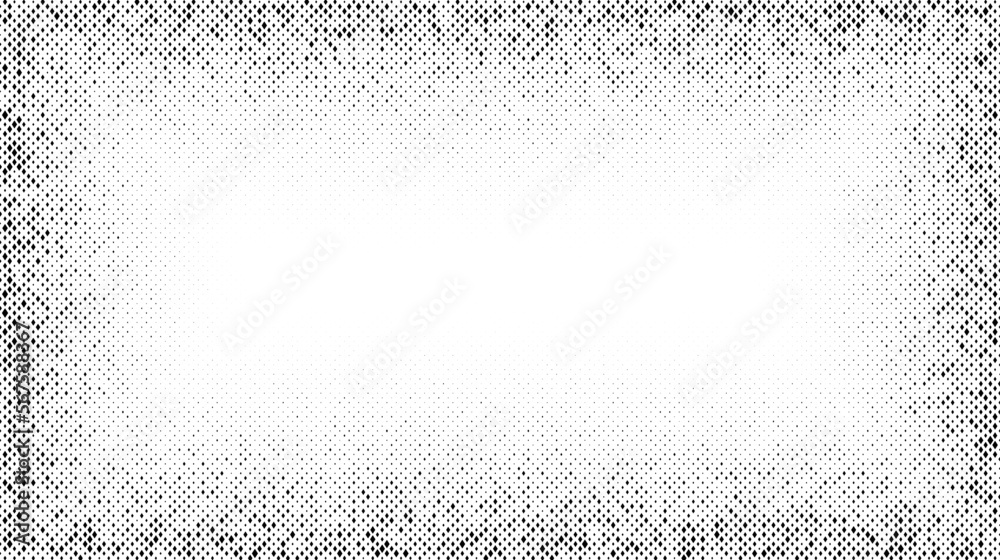 Poster Grain textured background. Black stipple dots frame. Noise dot work gradient. Abstract grunge banner. Vector 