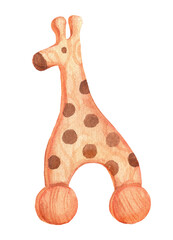 Wooden giraffe toy. Watercolor hand drawn illustration isolated on white.