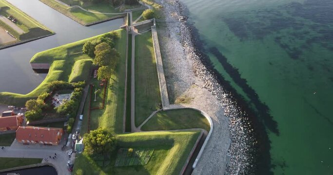 aerial view of the rocky beach of kronborg castle with the fortifications, denmark near to copenhagen