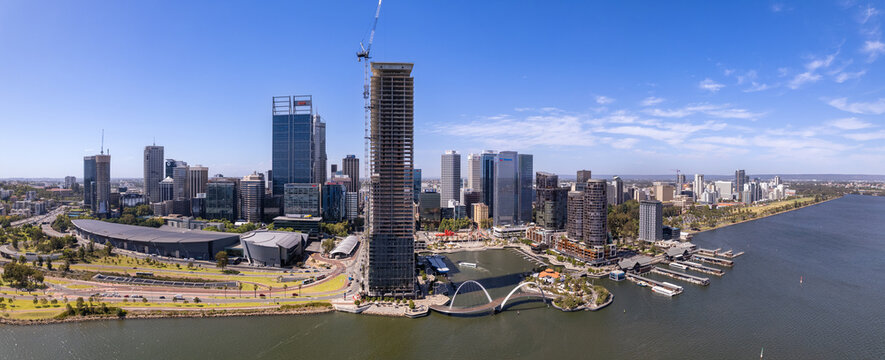 Aerial view of the Bell Tower and Elizabeth Quay in Perth, Western Australia in the late afternoon © Michael Evans