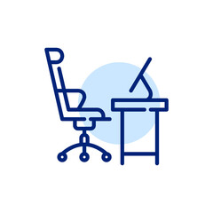 Swivel computer chair and desk with desktop computer. Office workplace icon. Pixel perfect, editable stroke
