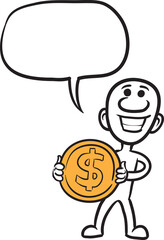 PNG image with transparent background of doodle small person holding big dollar coin