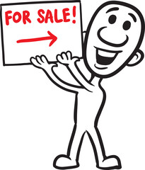 PNG image with transparent background of doodle small person holding sign for sale