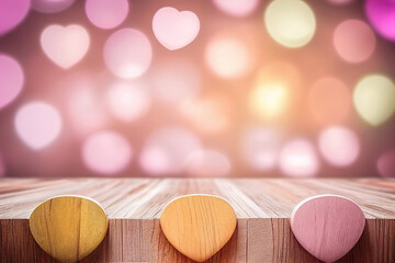 Fototapeta na wymiar valentines day themed background with empty pastel color wooden table valentines decoration on wooden table, generative ai 