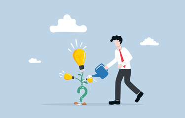 Obraz premium Inquisitive entrepreneur, learning through curiosity and asking questions concept, businessman watering bright light bulb plant with question mark sign root.