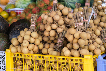 Fresh longan Fruit at the fruit market stall. Traditional fruits of Thailand. Retail sale of crops from an agricultural farm.