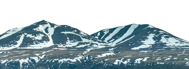 Mountains winter landscape scene. Mountains covered by ice, snow and rocks. Denali National Park, Alaska, US. PNG transparent image.