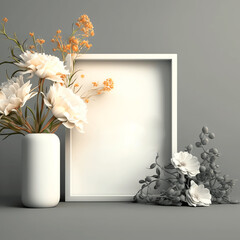 photo frame empty inside with a vase of flowers next to it