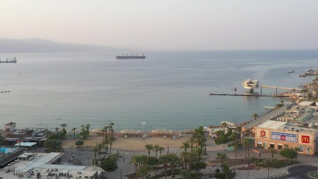 Exotic palm Zion beach Eilat Israel aerial