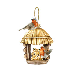 Robin birds on the feeder. Watercolor illustration. Hand drawn cozy vintage style house for feeding birds. Couple of robins on wooden feeder with straw roof element.