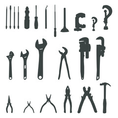 Plumbing tools silhouette, Plumbers equipment silhouettes