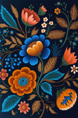 gouache painted flowers pattern on black background 