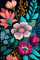 gouache painted flowers pattern on black background 