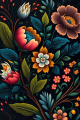 gouache painted flowers pattern on black background 