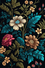gouache painted flowers pattern on black background 