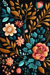Fotobehang gouache painted flowers pattern on black background  © Alexander