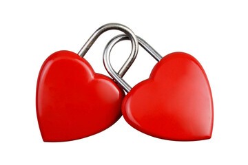 Abstract,  front two red heart together combination lock, Symbol valentine, happy, unhappy. Metal padlock. Material for creative idea love concept. Isolated on white, clipping path. Blank for text.