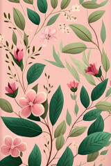 gouache painted flowers pattern on pink background 