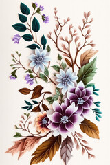 gouache painted flowers pattern on white background 