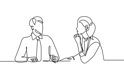 Business Concept Continuous One Line Drawing with Woman and Man Talking. Business People One Line Illustration. Meeting in Office Line Abstract Minimalist Contour Drawing. Vector EPS 10