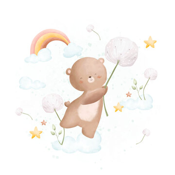 Watercolor Illustration cute bear and spring flowers