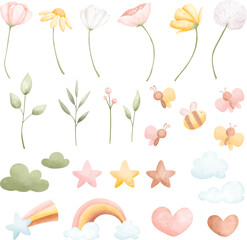 Watercolor Illustration set of spring flower and elements