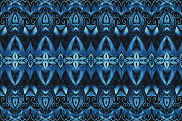 Ethnic pattern futuristic blue.  Design for carpet,wallpaper,clothing,wrapping,batik,fabric, tile.  Illustration embroidery style.