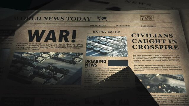 Lights moving on a news paper with war related texts and footage - 3D render