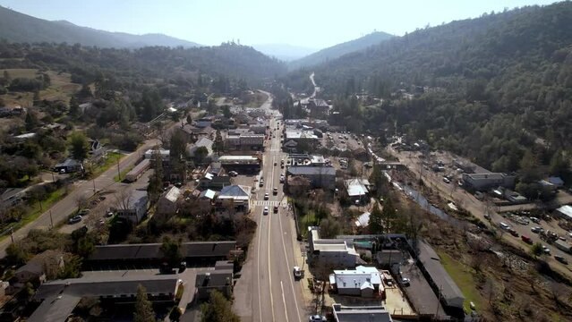 Mariposa, California aerial flying high over town...small town america
