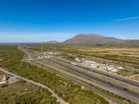 Newman Peak and Interstate Highway 10 I-10 aerial view from Picacho Peak State Park in Pinal County in Arizona AZ, USA. 
