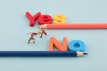 Miniature scene debate about right and wrong