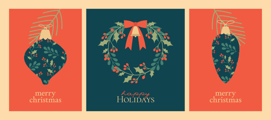 Christmas card templates with text "Merry Christmas", "Happy Holidays". Flat illustrations with wreath of winter plants, bell, christmas tree toys, pine branch. Winter greeting clip arts.