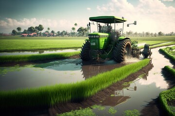Fototapeta premium Farmer plowing green growing rice field. Generative AI.