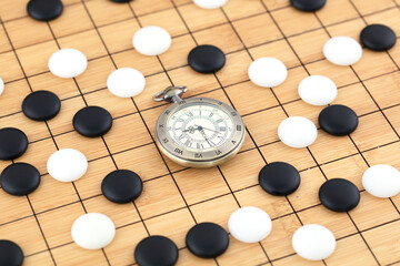 Chess pieces and pocket watches on the chessboard