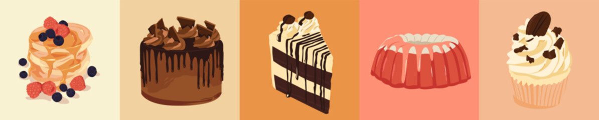 Set Icon Dessert Cake and Cupcake