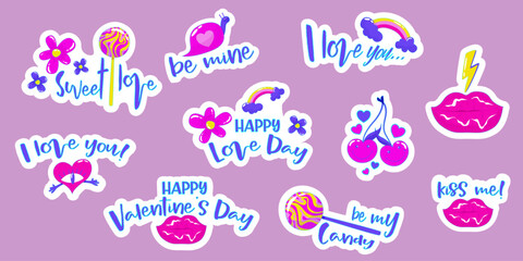 Valentine's day quotes set stickers with lips and curve text. Valentines stickers for printable. Vector illustration