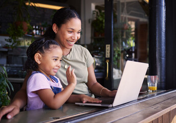 Fototapeta premium Mother, daughter and laptop for video call in cafe, greeting and conversation for quality time, relax or chatting. Love, mama or girl in coffee shop, online for connection or communication with smile