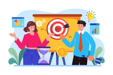 Male and female employee working on goal