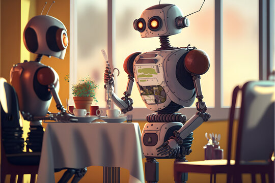Robots dining in a restaurant or a cafe, Generative AI