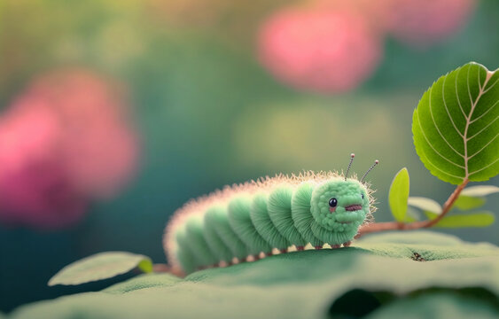  Tiny and cute green caterpillar on leaves, background is a beautiful bokeh landscape. made with generative AI