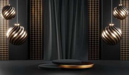 3d render of abstract realistic studio room with Luxury round pedestal stand podium with golden glitter in shape backdrop. Luxury black friday sale scene for product display presentation background